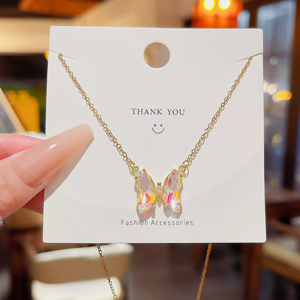 Titanium Steel Animals Butterfly Pendant Necklace With Precious Stones For Women