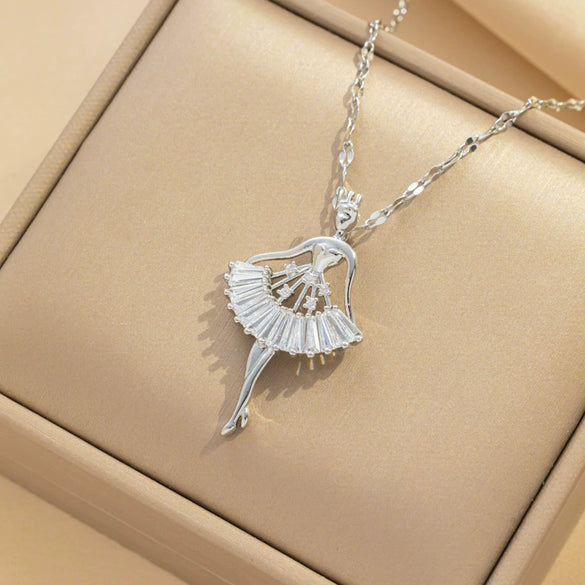 Titanium Steel Ballet Girl Pendant Necklace With Microinlaid Zircon And Geometric Design For Women Fashion Jewelry