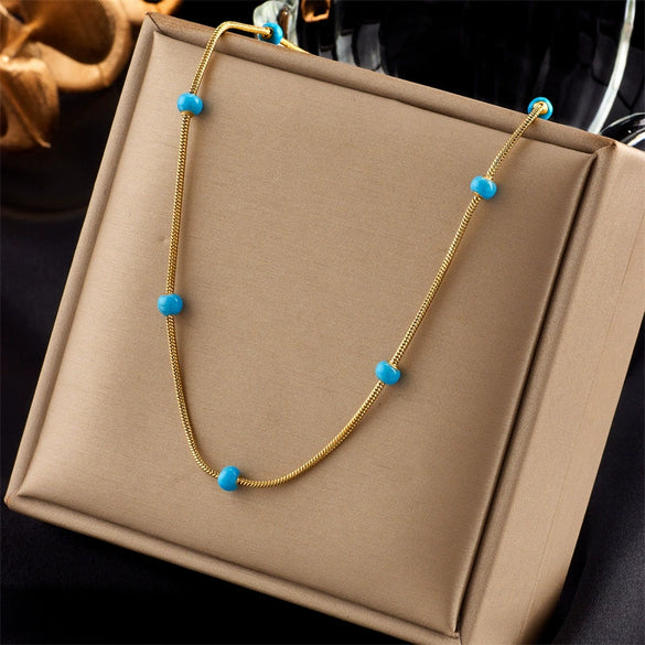 Titanium Steel Beaded Chain Necklace With Turquoise Retro Simple Style Electroplated For Women