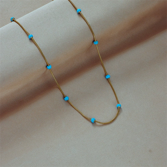 Titanium Steel Beaded Chain Necklace With Turquoise Retro Simple Style Electroplated For Women