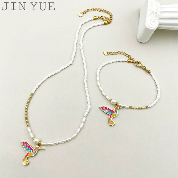 Titanium Steel Bird Pattern Pendant Necklace And Bracelet Set With Pearl Chain And Electroplating Design Simple Style Jewelry