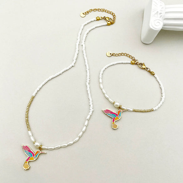 Titanium Steel Bird Pattern Pendant Necklace And Bracelet Set With Pearl Chain And Electroplating Design Simple Style Jewelry