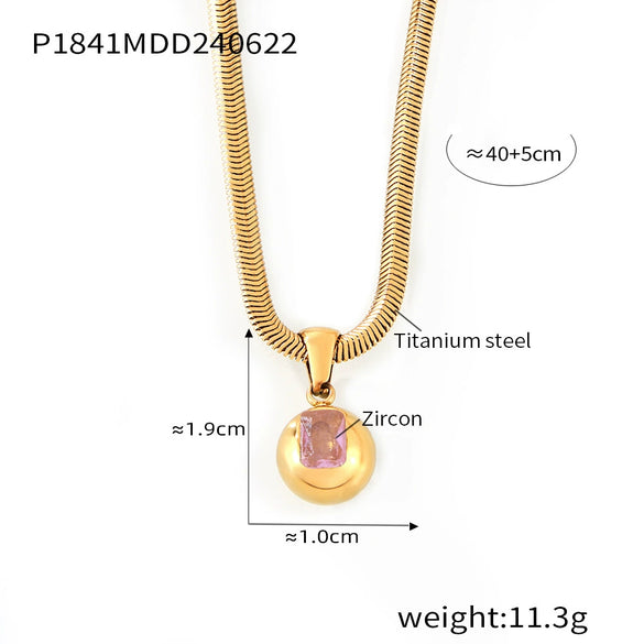 316L Stainless Steel Blade Chain Necklace With Geometric Pendant Inlaid With Color Zirconium And Electroplating Design