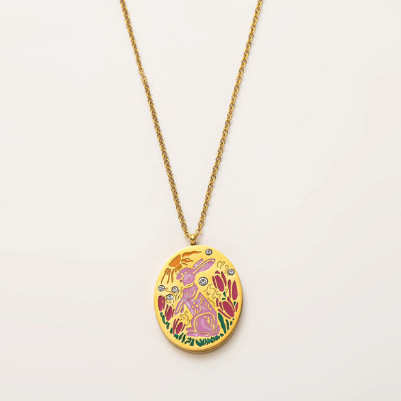 Titanium Steel Bow And Rabbit Element Pet Oval Tarot Necklace With Oil Dripping Pattern Colorpreserving 18K Gold Electroplating
