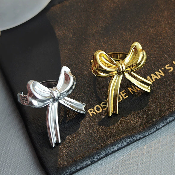 Titanium Steel Bow Ribbon Ring For Women With Electroplating And Unique Design