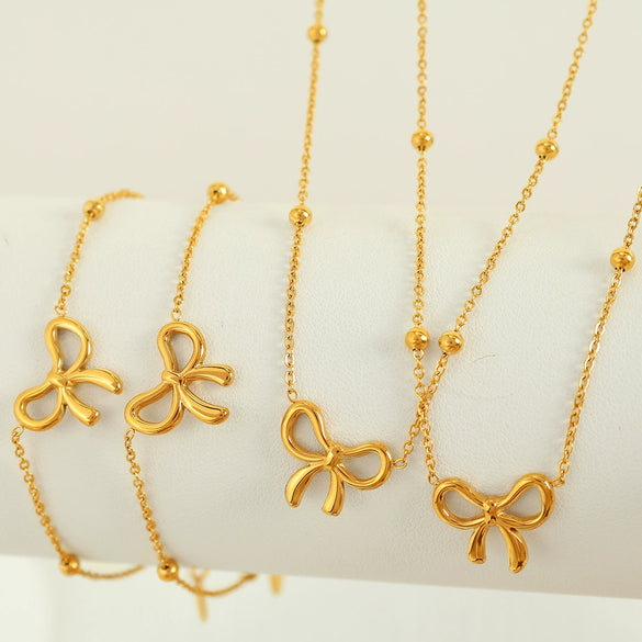 316L Stainless Steel Bow Round Bead Light Luxury Necklace Bracelet Electroplated Women's Accessories