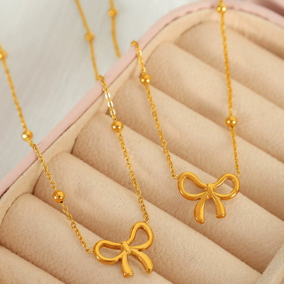 316L Stainless Steel Bow Round Bead Light Luxury Necklace Bracelet Electroplated Women's Accessories