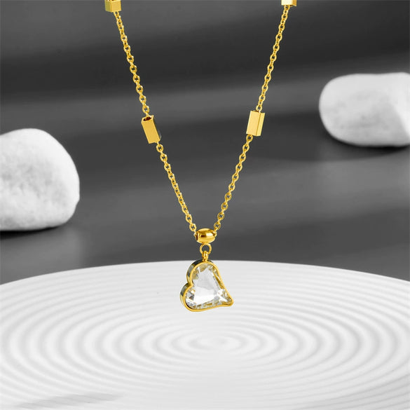 Titanium Steel Box Chain Love Diamond Clavicle Necklace With Geometric Pattern Vacuum Electroplated
