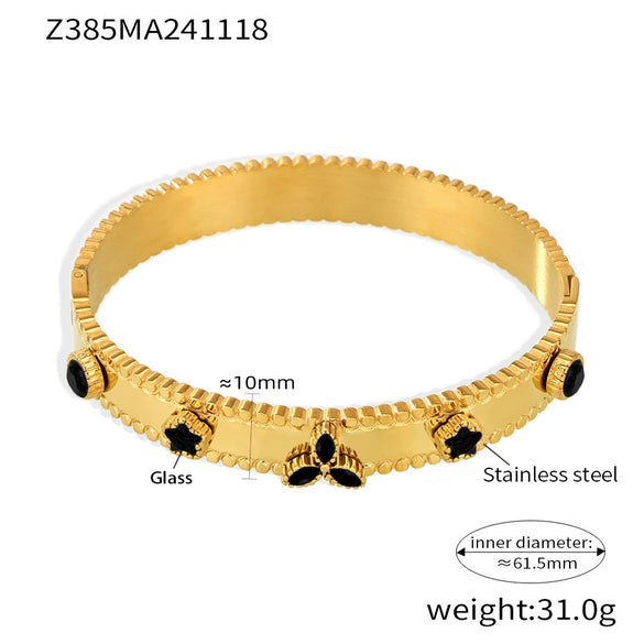 Titanium Steel Bracelet With Clover Zircon Czech Glass Flower Buckle And Gear Design 18K Gold Plated