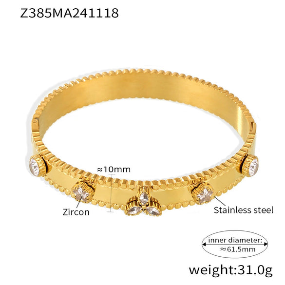Titanium Steel Bracelet With Clover Zircon Czech Glass Flower Buckle And Gear Design 18K Gold Plated