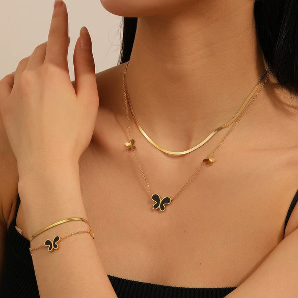Titanium Steel Butterfly Love Water Drops Bell Pattern Bracelet Necklace Earrings Jewelry For Women