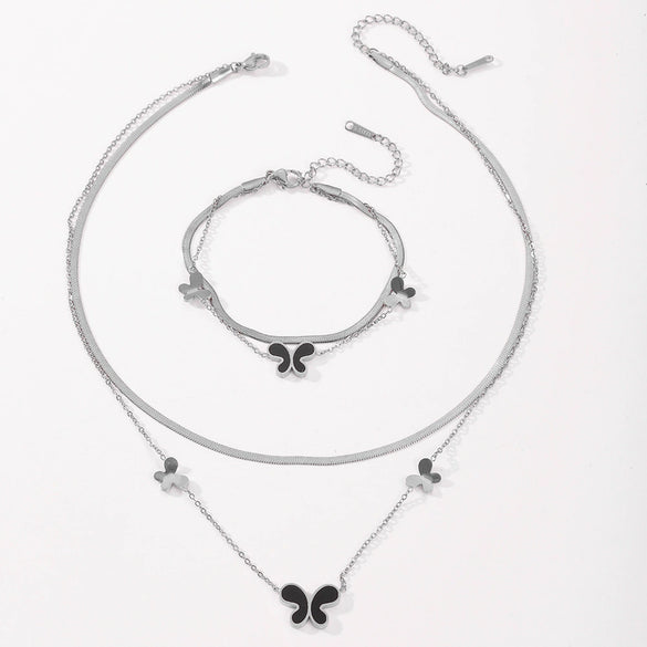 Titanium Steel Butterfly Love Water Drops Bell Pattern Bracelet Necklace Earrings Jewelry For Women