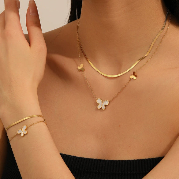Titanium Steel Butterfly Love Water Drops Bell Pattern Bracelet Necklace Earrings Jewelry For Women