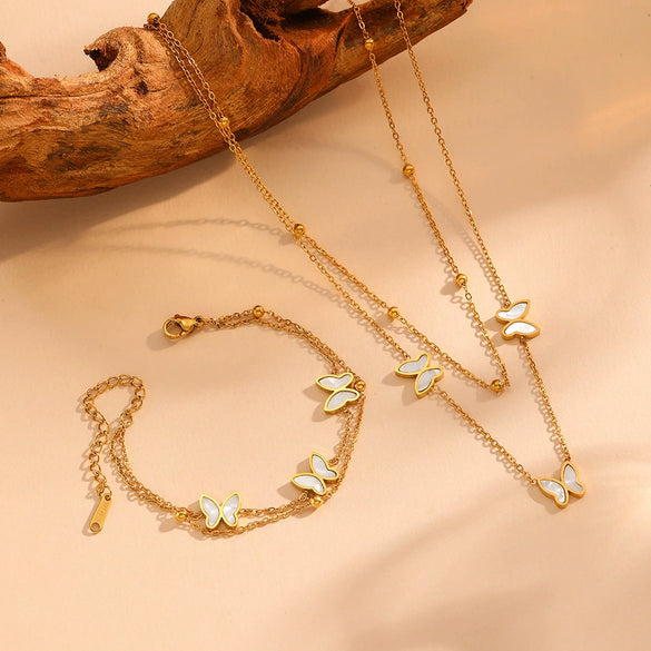 Titanium Steel Butterfly Plants Flowers Pattern Double Layer Necklace And Bracelet Jewelry For Women