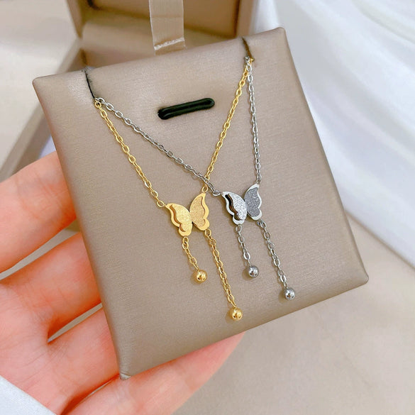 Titanium Steel Butterfly Tassel Necklace With Geometric Pattern Electroplated For Unisex