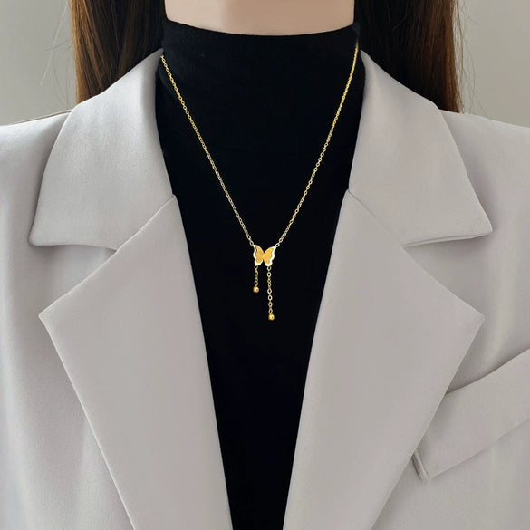 Titanium Steel Butterfly Tassel Necklace With Geometric Pattern Electroplated For Unisex