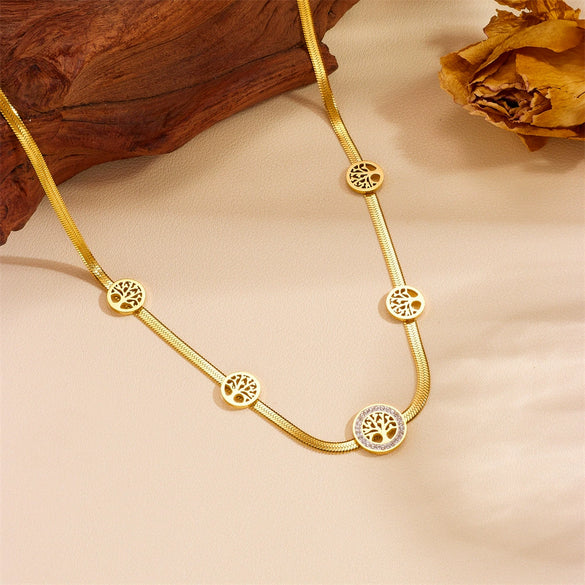 Titanium Steel Butterfly Tree Of Life Devil's Eye Double Layer Blade Tassel Necklace With Electroplating And Geometric Style For Women