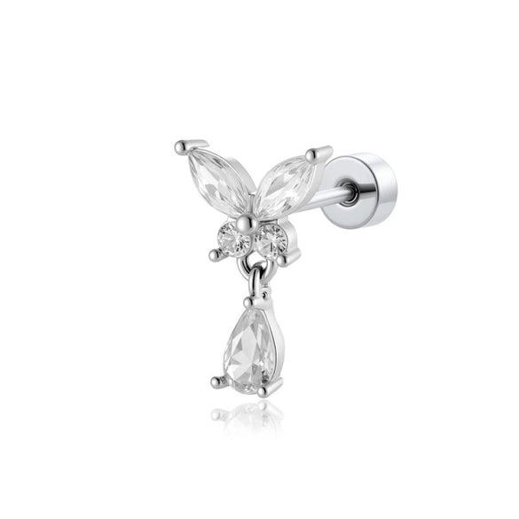 Titanium Steel Butterfly Water Drop Pendant Pierced Earrings With Micropaved Zircon For Women