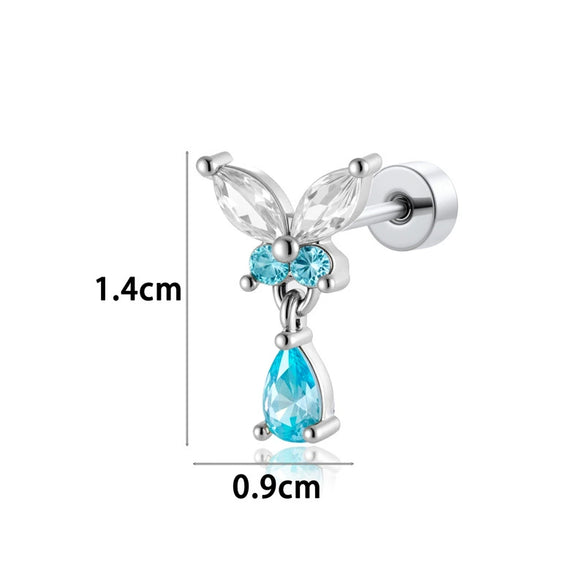 Titanium Steel Butterfly Water Drop Pendant Pierced Earrings With Micropaved Zircon For Women