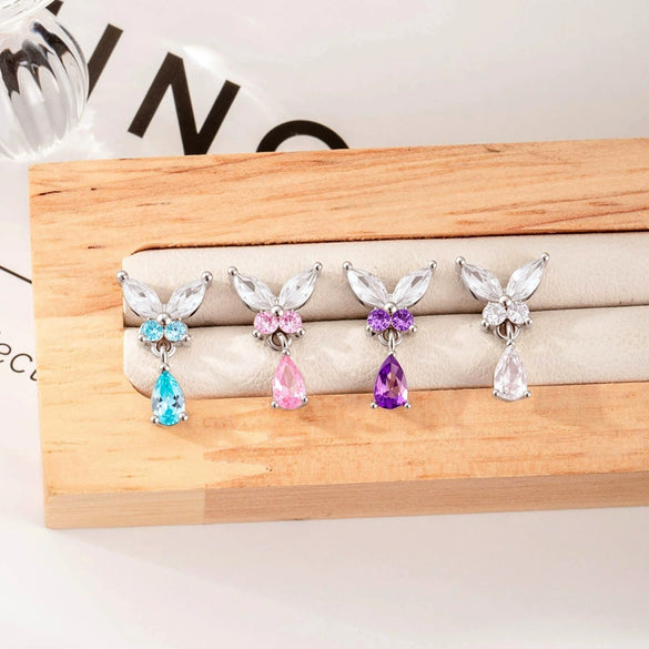 Titanium Steel Butterfly Water Drop Pendant Pierced Earrings With Micropaved Zircon For Women