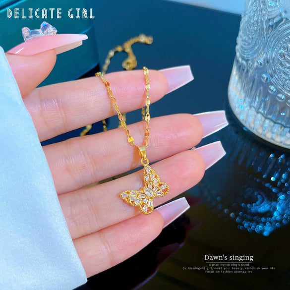 Titanium Steel Butterfly Zircon Women's Natural Geometric Design Necklace With Diamond Treatment