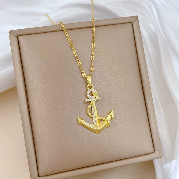 Titanium Steel Cartoon Geometric Anchor Microinlaid Real Gold Unisex Necklace
