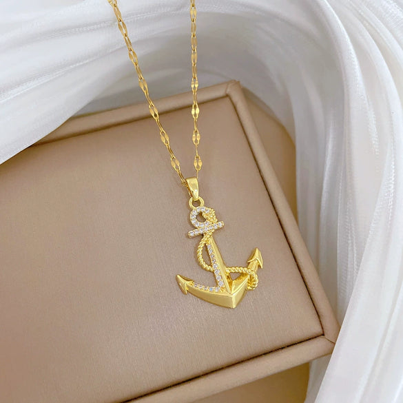 Titanium Steel Cartoon Geometric Anchor Microinlaid Real Gold Unisex Necklace