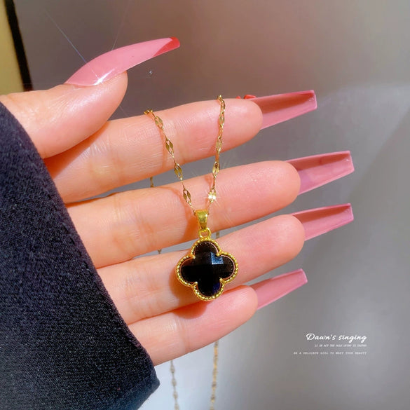 Titanium Steel Cartoon Geometric Light Luxury Microinlaid Real Gold Flower Minimalist Women's Necklace