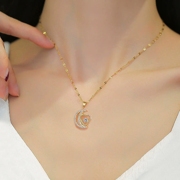 Titanium Steel Cartoon Geometric Moon Heart Smart Microinlaid Real Gold Diamond Necklace For Women