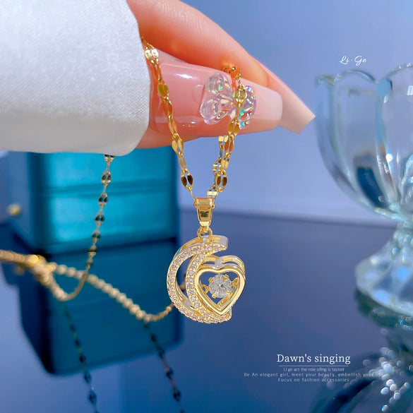 Titanium Steel Cartoon Geometric Moon Heart Smart Microinlaid Real Gold Diamond Necklace For Women