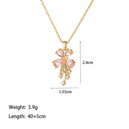 Wholesale Jewelry Casual Simple Style Commute Heart Shape Flower Butterfly 304 Stainless Steel Artificial Rhinestones 18K Gold Plated Inlay Pendant Necklace