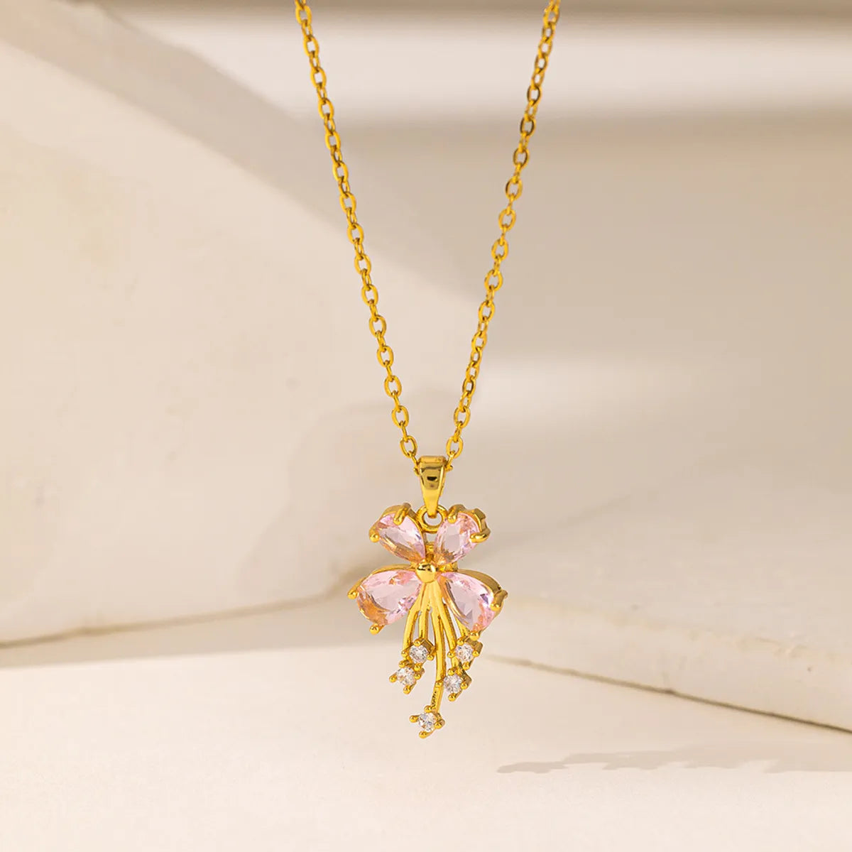 Wholesale Jewelry Casual Simple Style Commute Heart Shape Flower Butterfly 304 Stainless Steel Artificial Rhinestones 18K Gold Plated Inlay Pendant Necklace