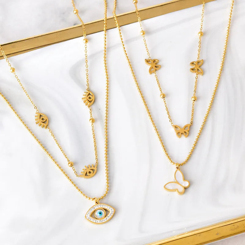 Wholesale Jewelry Casual Simple Style Devil'S Eye 304 Stainless Steel Rhinestones Shell 18K Gold Plated Plating Hollow Out Inlay Double Layer Necklaces