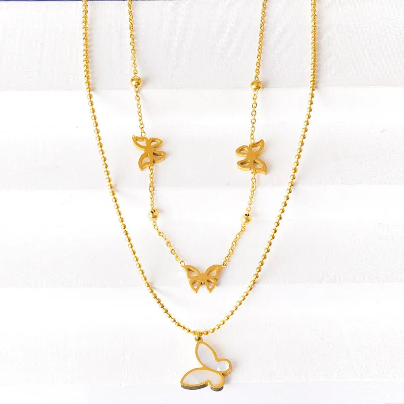 Wholesale Jewelry Casual Simple Style Devil'S Eye 304 Stainless Steel Rhinestones Shell 18K Gold Plated Plating Hollow Out Inlay Double Layer Necklaces