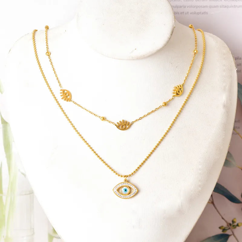 Wholesale Jewelry Casual Simple Style Devil'S Eye 304 Stainless Steel Rhinestones Shell 18K Gold Plated Plating Hollow Out Inlay Double Layer Necklaces