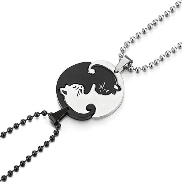 Titanium Steel Cat Couple Pendant Necklace With Ball Chain Polished Animal Zodiac Sweater Chain Jewelry For Women And Men