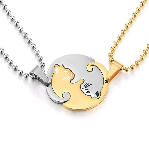 Titanium Steel Cat Couple Pendant Necklace With Ball Chain Polished Animal Zodiac Sweater Chain Jewelry For Women And Men