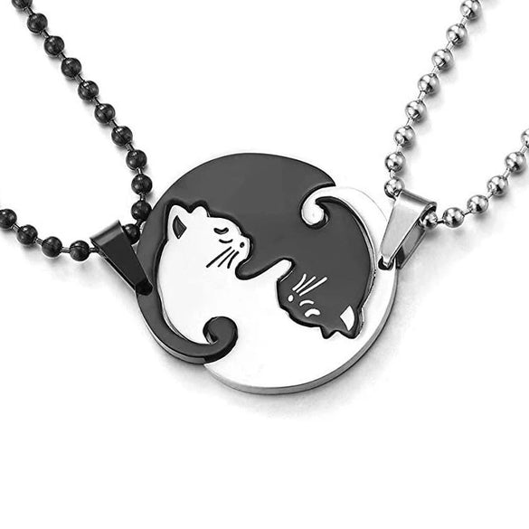 Titanium Steel Cat Couple Pendant Necklace With Ball Chain Polished Animal Zodiac Sweater Chain Jewelry For Women And Men