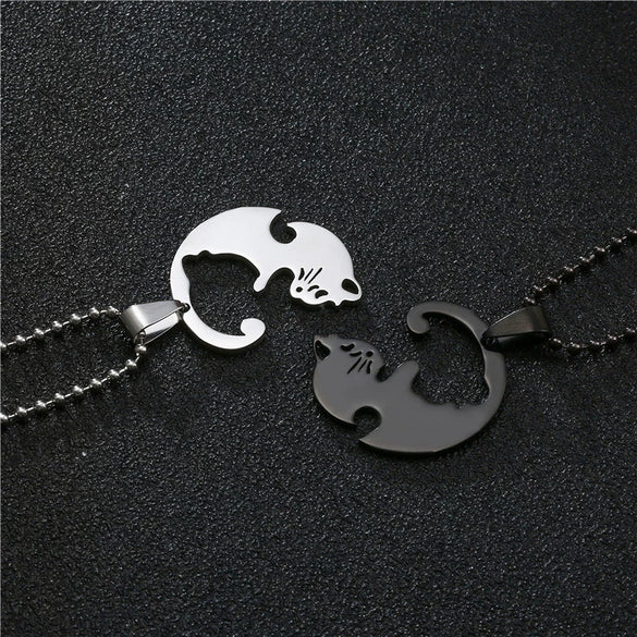 Titanium Steel Cat Couple Pendant Necklace With Ball Chain Polished Animal Zodiac Sweater Chain Jewelry For Women And Men