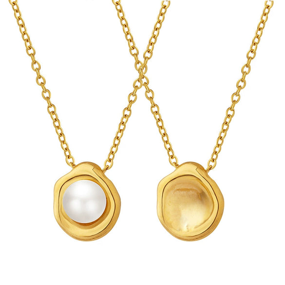316L Stainless Steel Clavicle Necklace With Shell Pearl Elegant Geometric Design 18K Gold Plated