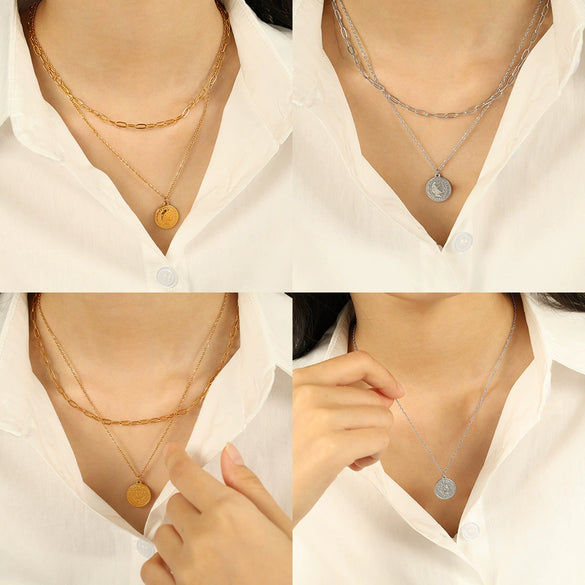316L Stainless Steel Coin Pendant Women's Clavicle Chain Necklace Electroplated Simple Round Design