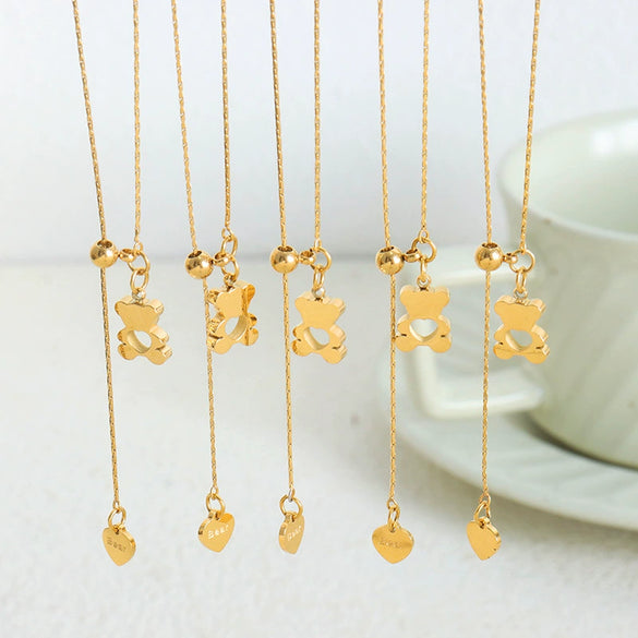 316L Stainless Steel Collarbone Necklace With Geometric Hollow Love Bear Design And Electroplating Treatment