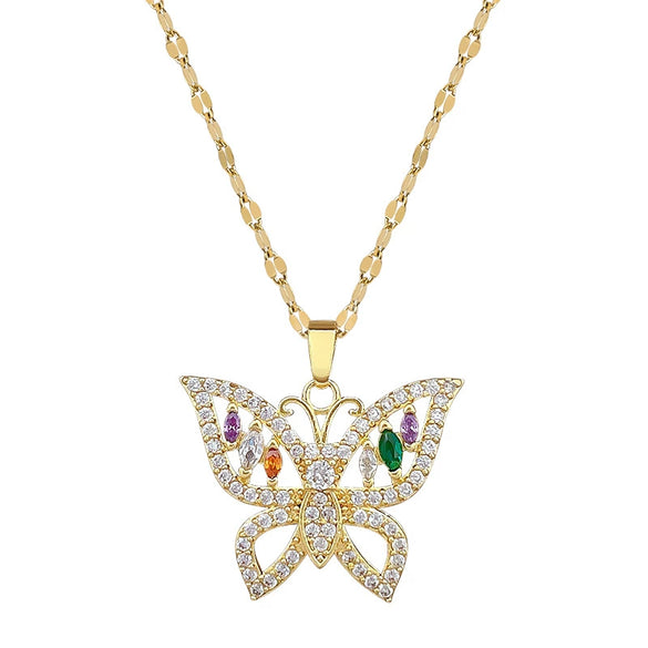 Titanium Steel Colorful Butterfly Necklace With Geometric Design And Micropaved Zircon And Real Gold Electroplated Pendant