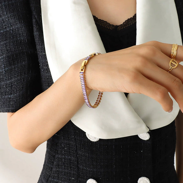 316L Stainless Steel Colorful Zircon Inlay Necklace Bracelet Suit Jewelry For Women Electroplated Elegant Style
