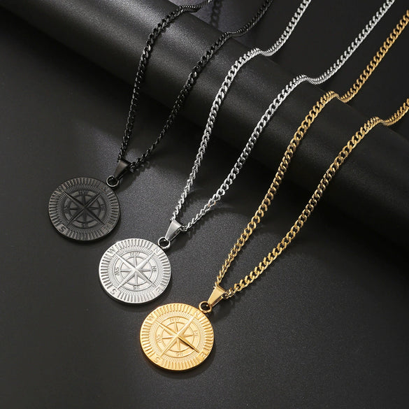 Titanium Steel Compass Pendant Necklace Punk Hiphop Style Geometric Handmade