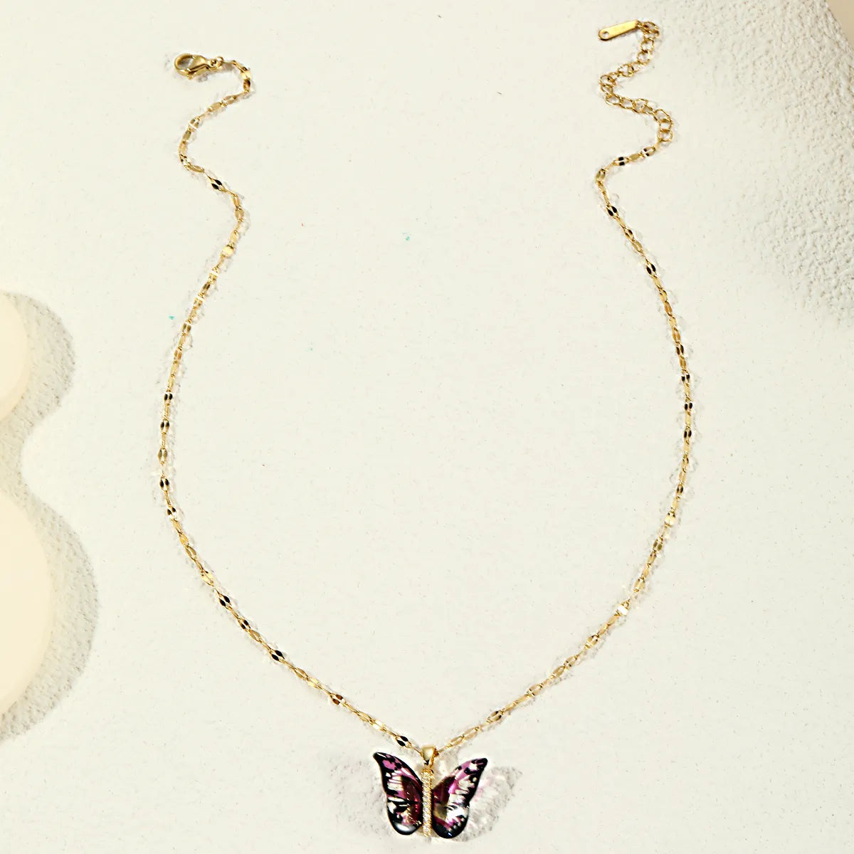 Titanium Steel Copper 18K Gold Plated Cute Sweet Plating Inlay Butterfly Zircon Pendant Necklace