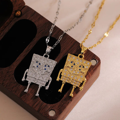 Titanium Steel Copper 18K Gold Plated IG Style Cute Inlay Cartoon Robot Rhinestones Pendant Necklace