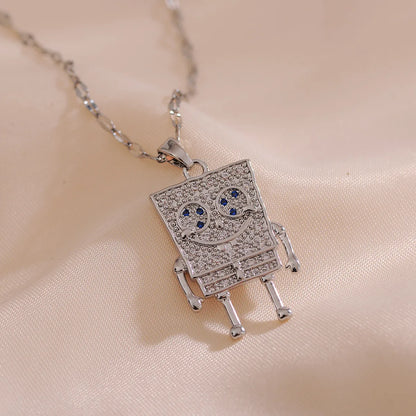 Titanium Steel Copper 18K Gold Plated IG Style Cute Inlay Cartoon Robot Rhinestones Pendant Necklace