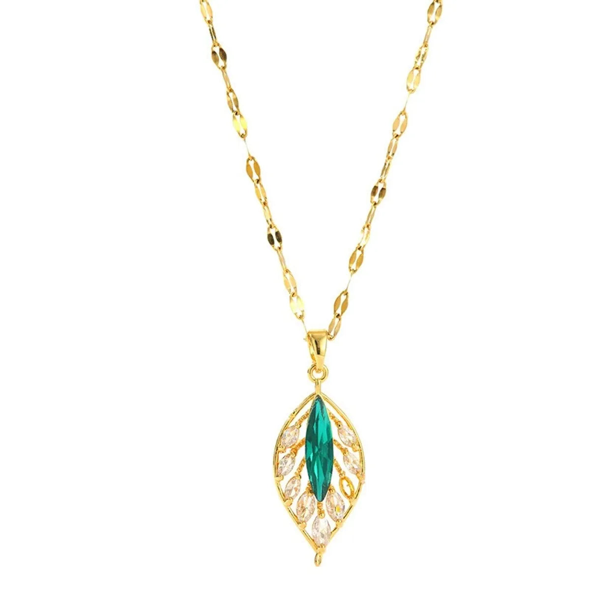 Titanium Steel Copper 18K Gold Plated IG Style Shiny Hollow Out Inlay Leaves Zircon Pendant Necklace