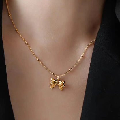 Titanium Steel Copper 18K Gold Plated Retro Bow Knot Pendant Necklace